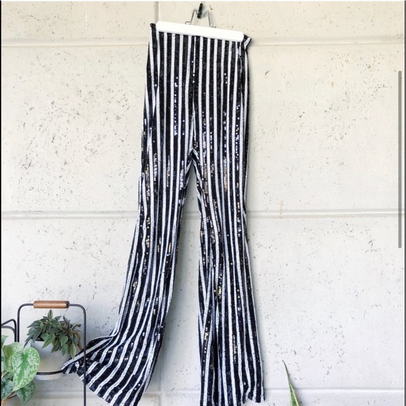 None Pants - Sequin Striped high waisted bell bottom boho pants